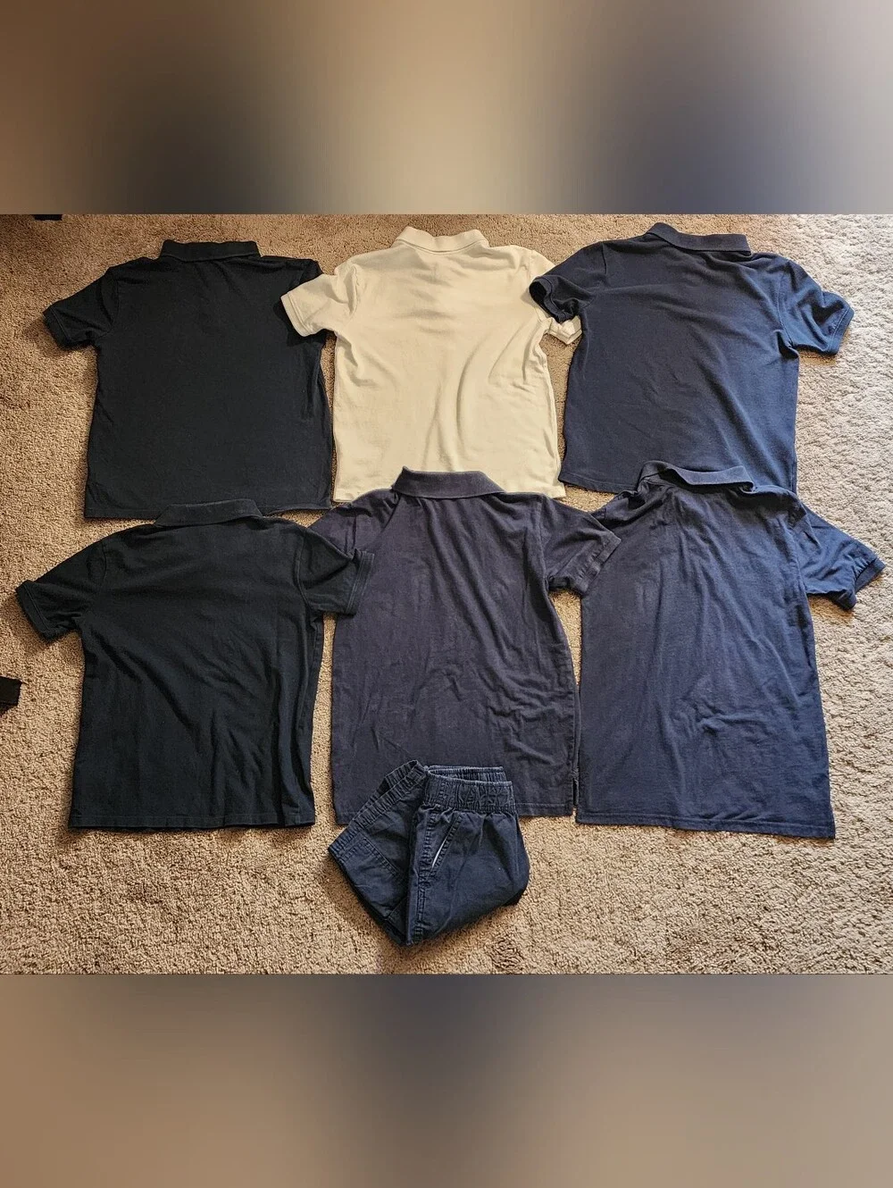Boys Size 10-12 Uniforms, 6 Polo Shirts, Size 10 Shorts, Flaws Shown